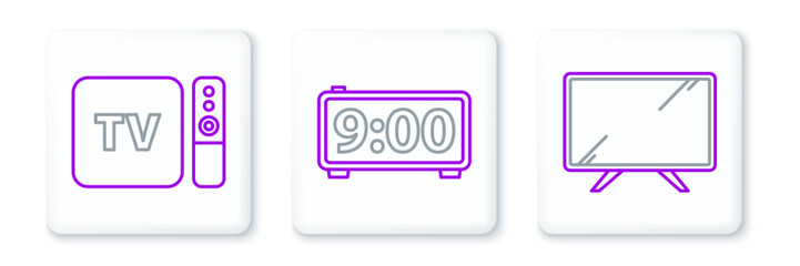 Poster - Set line Smart Tv, TV box receiver and player with remote controller and Digital alarm clock icon. Vector