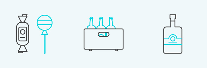 Sticker - Set line Whiskey bottle, Lollipop and Bottles of wine in a wooden box icon. Vector