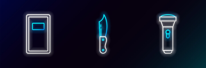 Wall Mural - Set line Flashlight, Police assault shield and Military knife icon. Glowing neon. Vector