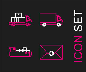 Poster - Set line Envelope, Cargo ship with boxes delivery service, Delivery cargo truck vehicle and cardboard icon. Vector