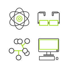 Poster - Set line Computer monitor with keyboard and mouse, Molecule, Glasses and Atom icon. Vector