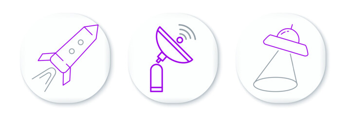Poster - Set line UFO flying spaceship, Rocket with fire and Radar icon. Vector