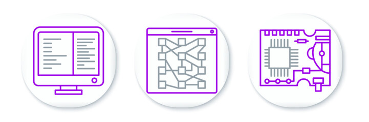 Poster - Set line Printed circuit board PCB, Computer monitor screen and Global technology social network icon. Vector