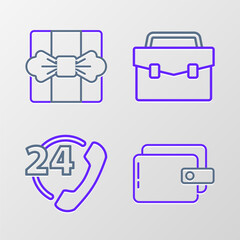 Canvas Print - Set line Wallet, Telephone 24 hours support, Briefcase and Gift box icon. Vector