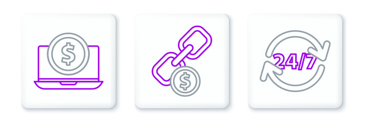 Poster - Set line Clock 24 hours, Laptop with dollar and Chain link and coin icon. Vector