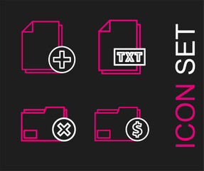 Poster - Set line Finance document folder, Delete, TXT file and Add new icon. Vector