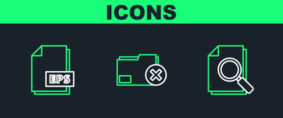 Poster - Set line Document with search, EPS file document and Delete folder icon. Vector