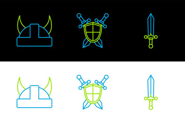 Poster - Set line Medieval sword, Viking in horned helmet and shield with crossed swords icon. Vector