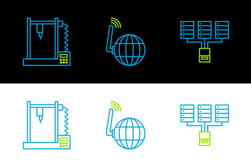 Poster - Set line Server, Data, Web Hosting, 3D printer and Social network icon. Vector