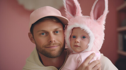 Wall Mural - Portrait of happy father and his adorable little daughter wearing bunny ears