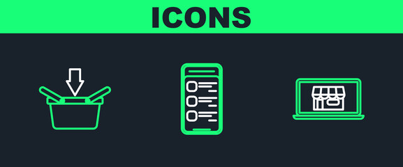 Poster - Set line Shopping building on screen laptop, basket and Online shopping mobile phone icon. Vector