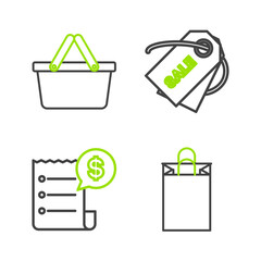 Poster - Set line Paper shopping bag, check and financial check, Price tag with inscription Sale and Shopping basket icon. Vector