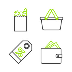 Poster - Set line Wallet with stacks paper money cash, Discount percent tag, Shopping basket and Paper shopping bag and food icon. Vector
