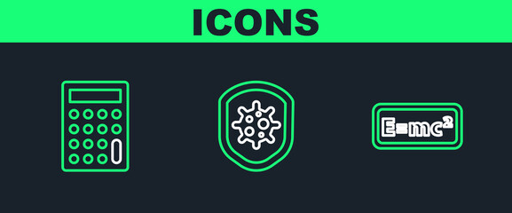 Poster - Set line Equation solution, Calculator and Shield protecting from virus icon. Vector