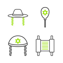 Sticker - Set line Torah scroll, Jewish kippah, Balloon with star of david and Orthodox jewish hat icon. Vector