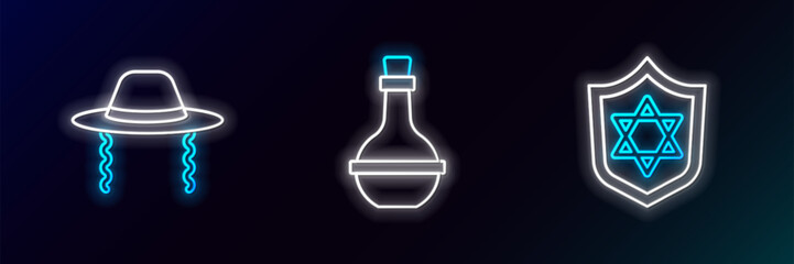 Poster - Set line Shield with Star of David, Orthodox jewish hat and Jewish wine bottle icon. Glowing neon. Vector