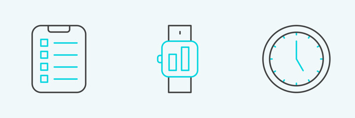 Wall Mural - Set line Clock, To do list or planning and Smartwatch icon. Vector