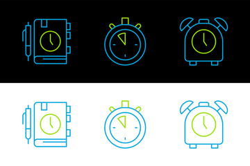 Poster - Set line Alarm clock, Daily paper notepad and Stopwatch icon. Vector