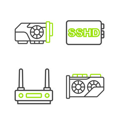 Poster - Set line Video graphic card, Router and wi-fi signal, SSHD and  icon. Vector