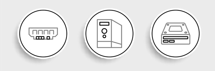 Poster - Set line Optical disc drive, RAM, random access memory and Case of computer icon. Vector