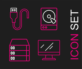 Poster - Set line Computer monitor screen, Server, Data, Web Hosting, Hard disk drive HDD and USB cable cord icon. Vector