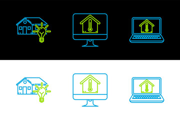 Fototapete - Set line Laptop with house temperature, Smart and light bulb and Computer monitor icon. Vector