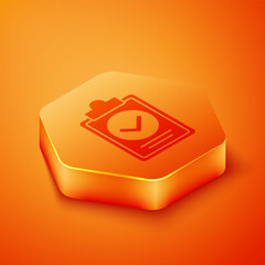 Poster - Isometric Verification of delivery list clipboard icon isolated on orange background. Orange hexagon button. Vector Illustration