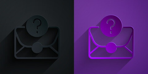 Poster - Paper cut Envelope with question mark icon isolated on black on purple background. Letter with question mark symbol. Send in request by email. Paper art style. Vector