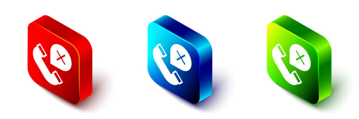 Poster - Isometric Declined or missed phone call icon isolated on white background. Telephone handset. Phone sign. Red, blue and green square button. Vector