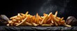 French fries chips on dark luxury stone table of restaurant kids food, panorama banner. Generative Ai