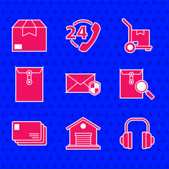 Poster - Set Envelope with shield, Warehouse, Headphones, magnifying glass, Hand truck and boxes and Carton cardboard icon. Vector