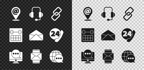 Poster - Set Location and mail and e-mail, Headphones, Chain link, Chat messages notification monitor, Mobile envelope, World map made from speech bubble, Calendar and Envelope icon. Vector