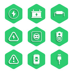 Poster - Set Electrical outlet, light switch, USB cable cord, Exclamation mark in triangle, High voltage, Resistor electricity and Lightning bolt icon. Vector