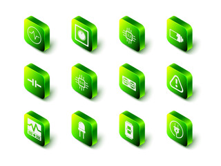 Poster - Set Electric light switch, Processor with microcircuits CPU, Battery charge level indicator, Exclamation mark triangle, plug, Electrical outlet,  and Light emitting diode icon. Vector