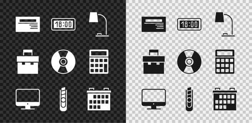 Poster - set business card, digital alarm clock, table lamp, computer monitor screen, stationery knife, calen