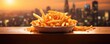 French fries chips in basket on table, street junk food, oktoberfest banner panorama Generative Ai