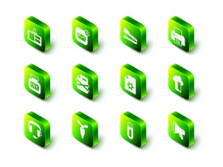 Poster - Set Envelope, Stapler, Printer, Cloud database, Megaphone, Document settings, USB flash drive and Tie icon. Vector
