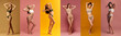 © master1305 - Collage. Full-length image of beautiful young woman with slim, fit bodies posing in underwear over multicolored background. Concept of female beauty, body and skin care, fitness, care, health