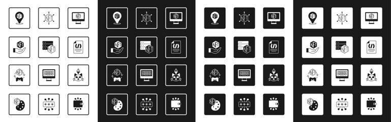 Poster - Set Monitor with art store app, NFT blockchain technology, Digital crypto, Binary code,  and  icon. Vector