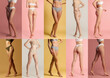 © master1305 - Collage. Cropped image of slim female bodies, slender legs over multicolored background. Models posing in underwear. Concept of female beauty, body and skin care, fitness, care, health