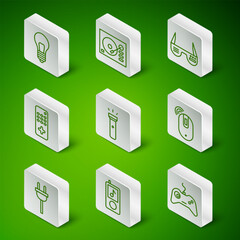 Poster - Set line Gamepad, Music player, Light bulb with concept of idea, Flashlight, Remote control, Vinyl, Electric plug and Wireless computer mouse icon. Vector