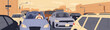 Traffic jam on busy city street. Angry man stuck on road in rush hour, late on way to work. Lots of auto transport, slow heavy movement, slowly vehicle flow in downtown. Flat vector illustration