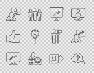 Poster - Set line Graph, schedule, chart, Question mark, Chalkboard with diagram, Media projector, Head hunting, Search people, Team leader and  icon. Vector