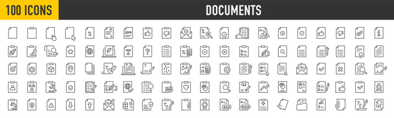 Set of 100 Document web icons in line style. Clipboard, certificate, accept, approved, invoice, archive, collection. Vector illustration.