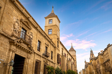 Poster - Corner view of the cathedral mosque with the Palacio del Obispado de Córdoba, Andalusia, Spain