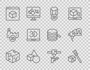 Sticker - Set line Isometric cube, 3D printer, Basic geometric shapes, gun and  icon. Vector