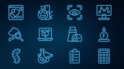 Poster - Set line Calculator, Force of physic formula, Eye scan, Chemical, Cloud with rain, Data visualisation, Power station plant and Basic geometric shapes icon. Vector