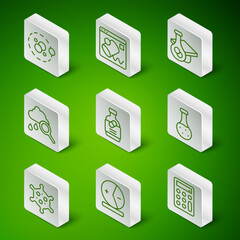 Poster - Set line Calculator, Atom, Medicine bottle and pills, Cloud with rain, Data visualisation, Virus and Test tube icon. Vector