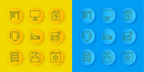 Poster - Set line Archive papers drawer, Headphones, Stapler, Browser setting, Envelope, Office desk, Document with graph chart and Computer monitor icon. Vector