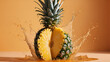 Chopped ripe pineapple with splashes of juice in the air on white background
